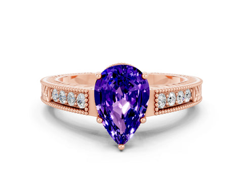 Rose gold Pear Cut Tanzanite Engagement Ring with Milgrain Channel Set Band and Prong Setting