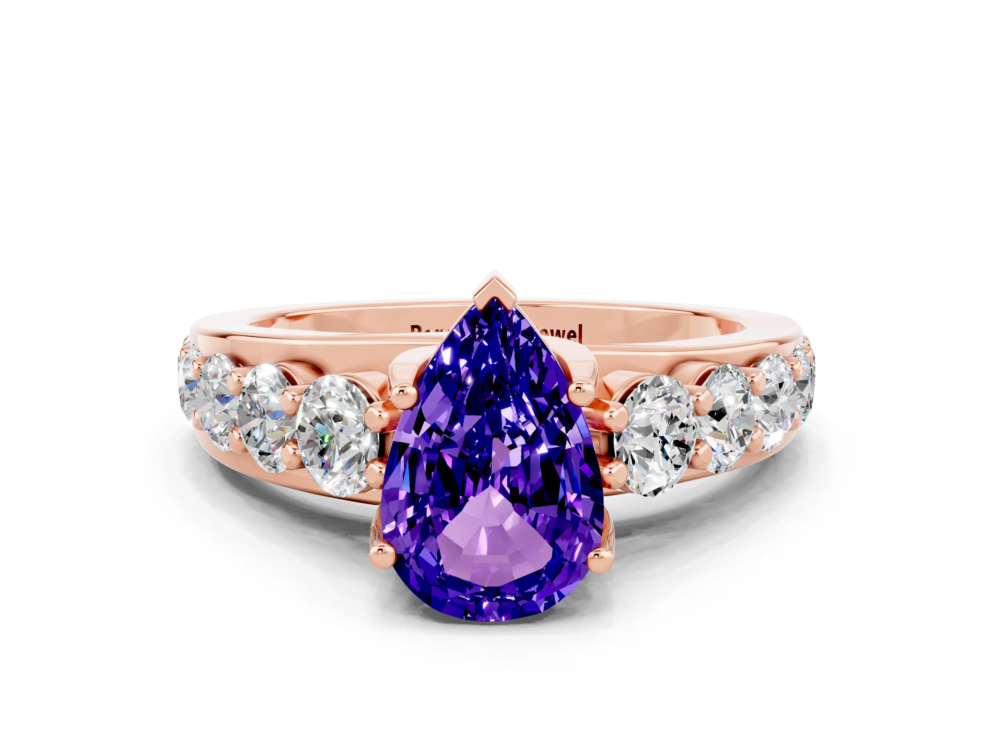 Rose gold Pear Cut Tanzanite Engagement Ring with Pavé Band and Four-Prong Setting