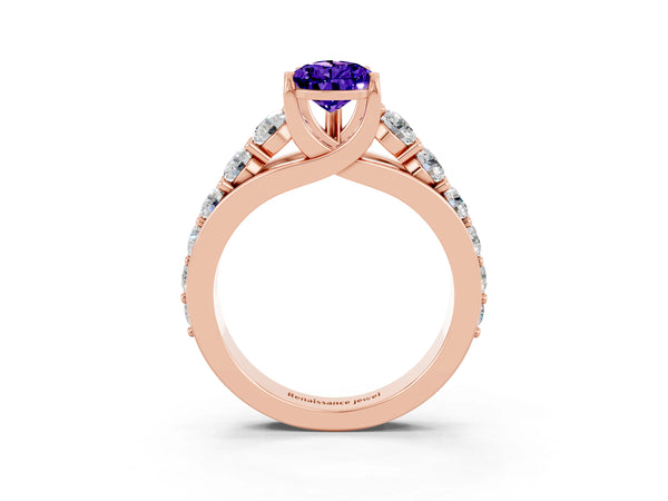Rose gold Pear Cut Tanzanite Engagement Ring with Pavé Band and Four-Prong Setting