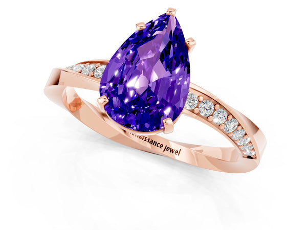 Rose gold Pear Cut Tanzanite Engagement Ring with Side Stone Accents and Four-Prong Setting
