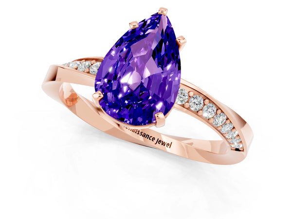 Rose gold Pear Cut Tanzanite Engagement Ring with Side Stone Accents and Four-Prong Setting