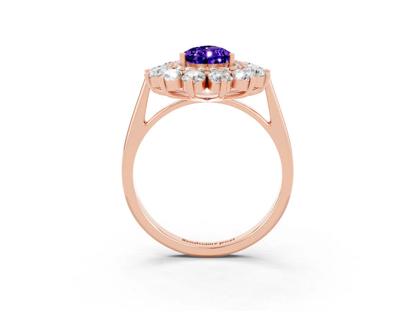 Rose gold Pear Cut Tanzanite Floral Double Halo Engagement Ring with Prong Setting