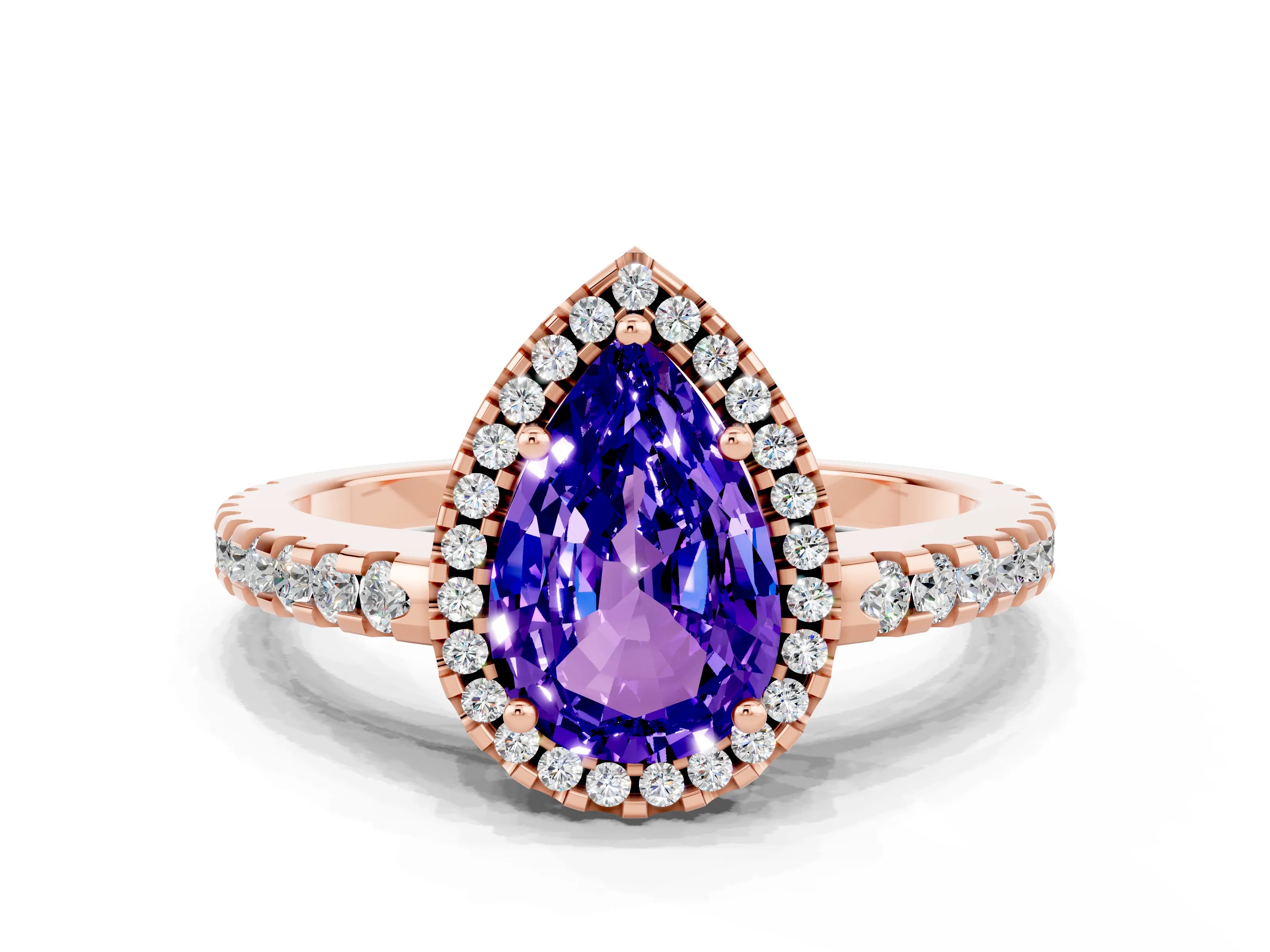Rose gold Pear Cut Tanzanite Halo Engagement Ring with Pavé Band and Prong Setting_12