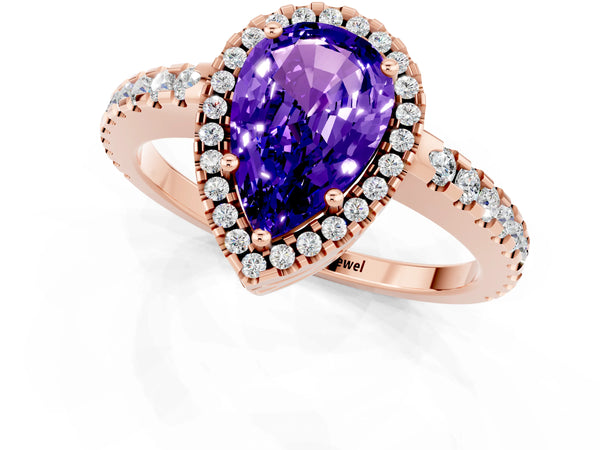 Rose gold Pear Cut Tanzanite Halo Engagement Ring with Pavé Band and Prong Setting