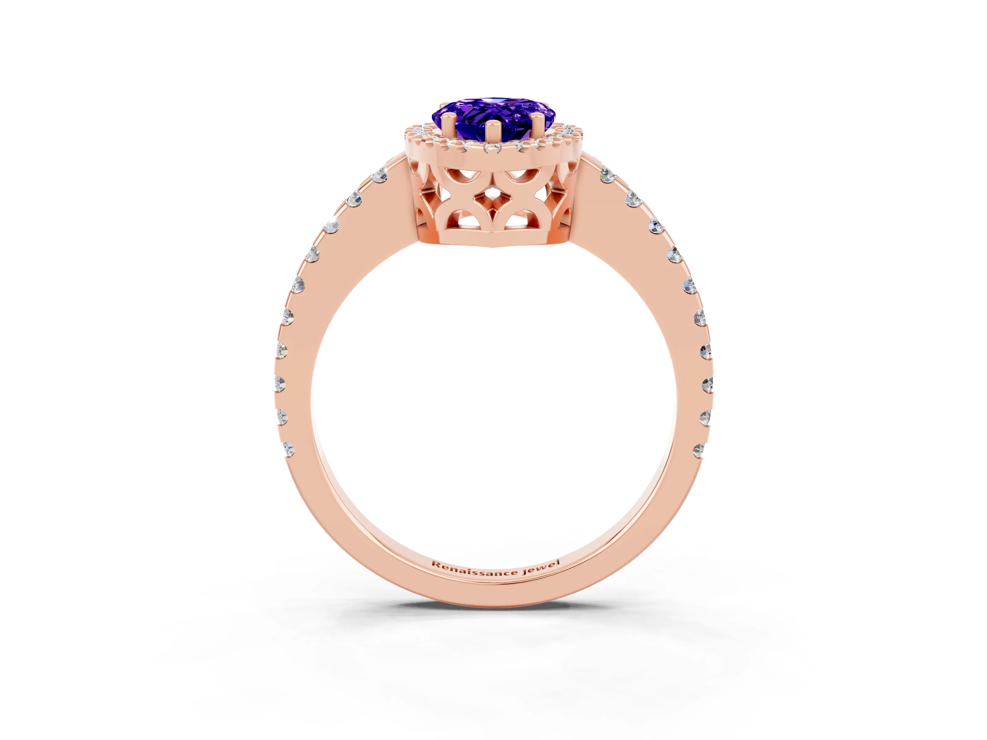 Rose gold Pear Cut Tanzanite Halo Engagement Ring with Pavé Band and Prong Setting_15