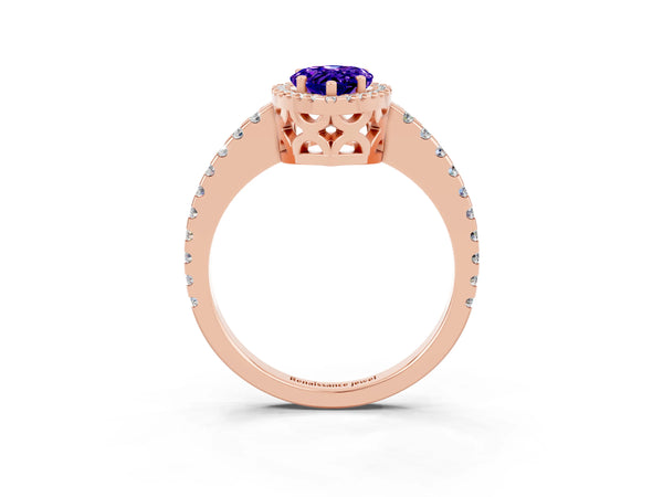Rose gold Pear Cut Tanzanite Halo Engagement Ring with Pavé Band and Prong Setting