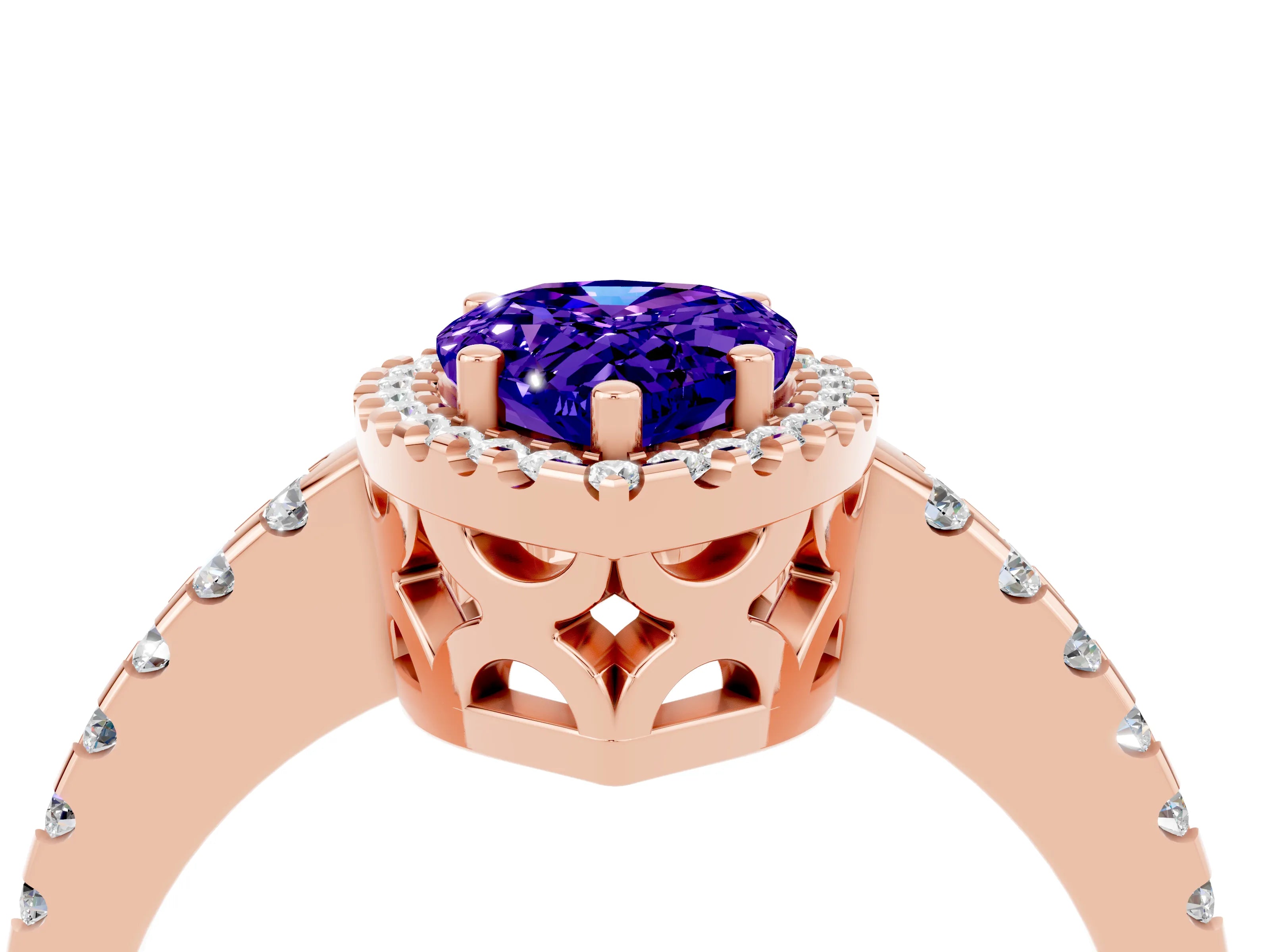 Rose gold Pear Cut Tanzanite Halo Engagement Ring with Pavé Band and Prong Setting_16