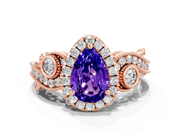 Rose gold Pear Cut Tanzanite Halo Ring with Milgrain Pavé Band and Four-Prong Setting