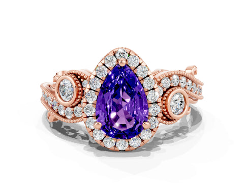 Rose gold Pear Cut Tanzanite Halo Ring with Milgrain Pavé Band and Four-Prong Setting_12