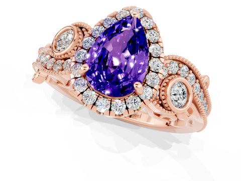 Rose gold Pear Cut Tanzanite Halo Ring with Milgrain Pavé Band and Four-Prong Setting_13