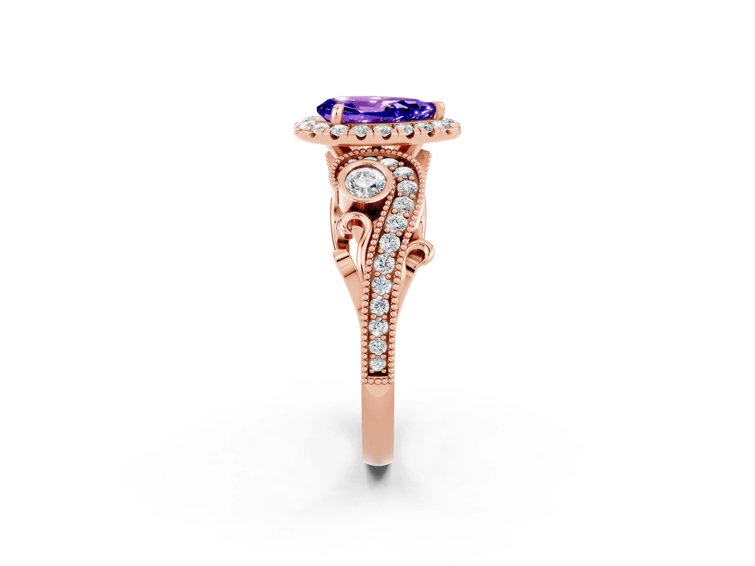 Rose gold Pear Cut Tanzanite Halo Ring with Milgrain Pavé Band and Four-Prong Setting_14