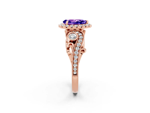 Rose gold Pear Cut Tanzanite Halo Ring with Milgrain Pavé Band and Four-Prong Setting