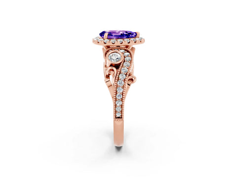 Rose gold Pear Cut Tanzanite Halo Ring with Milgrain Pavé Band and Four-Prong Setting_14