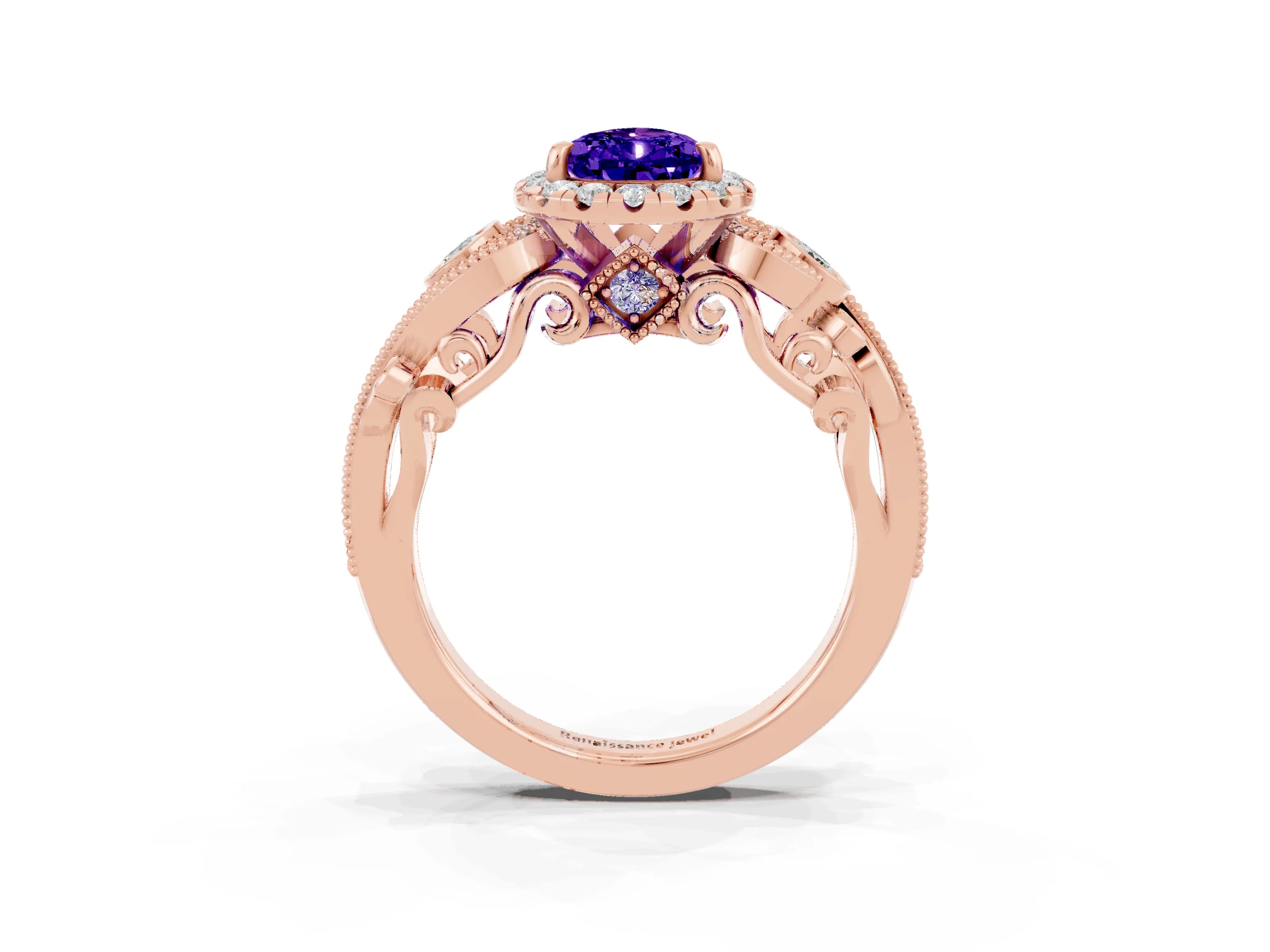 Rose gold Pear Cut Tanzanite Halo Ring with Milgrain Pavé Band and Four-Prong Setting_15