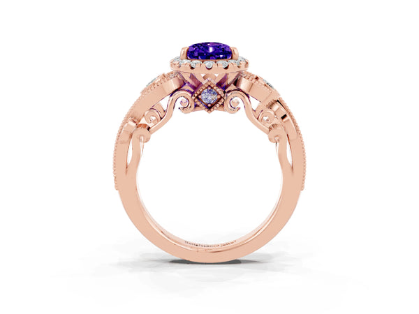 Rose gold Pear Cut Tanzanite Halo Ring with Milgrain Pavé Band and Four-Prong Setting
