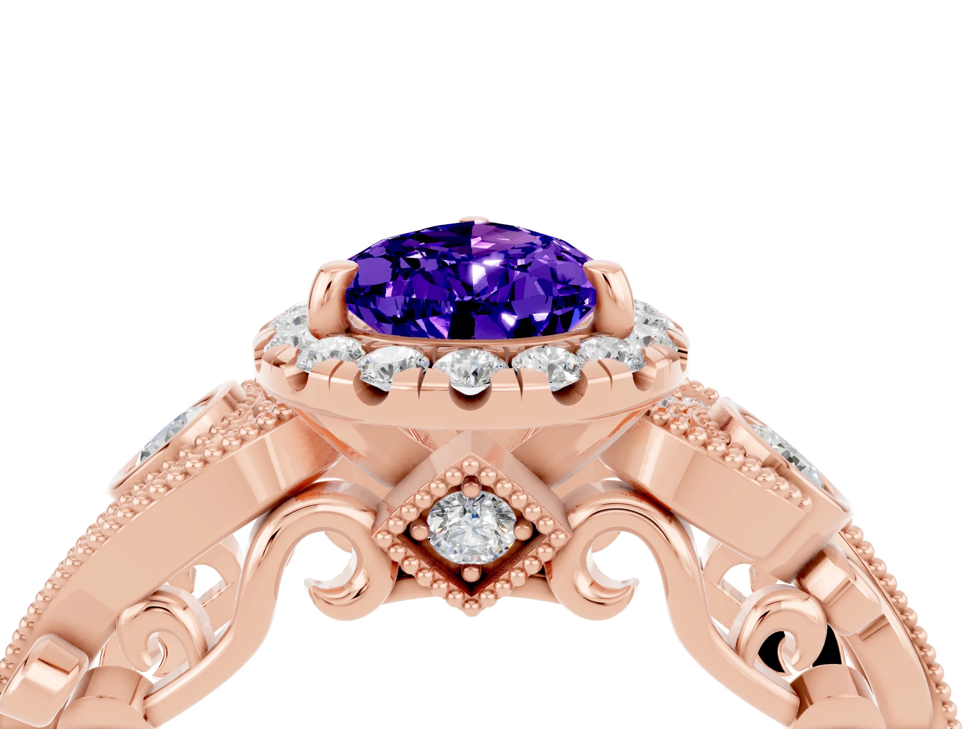 Rose gold Pear Cut Tanzanite Halo Ring with Milgrain Pavé Band and Four-Prong Setting_16