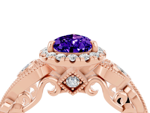 Rose gold Pear Cut Tanzanite Halo Ring with Milgrain Pavé Band and Four-Prong Setting_16