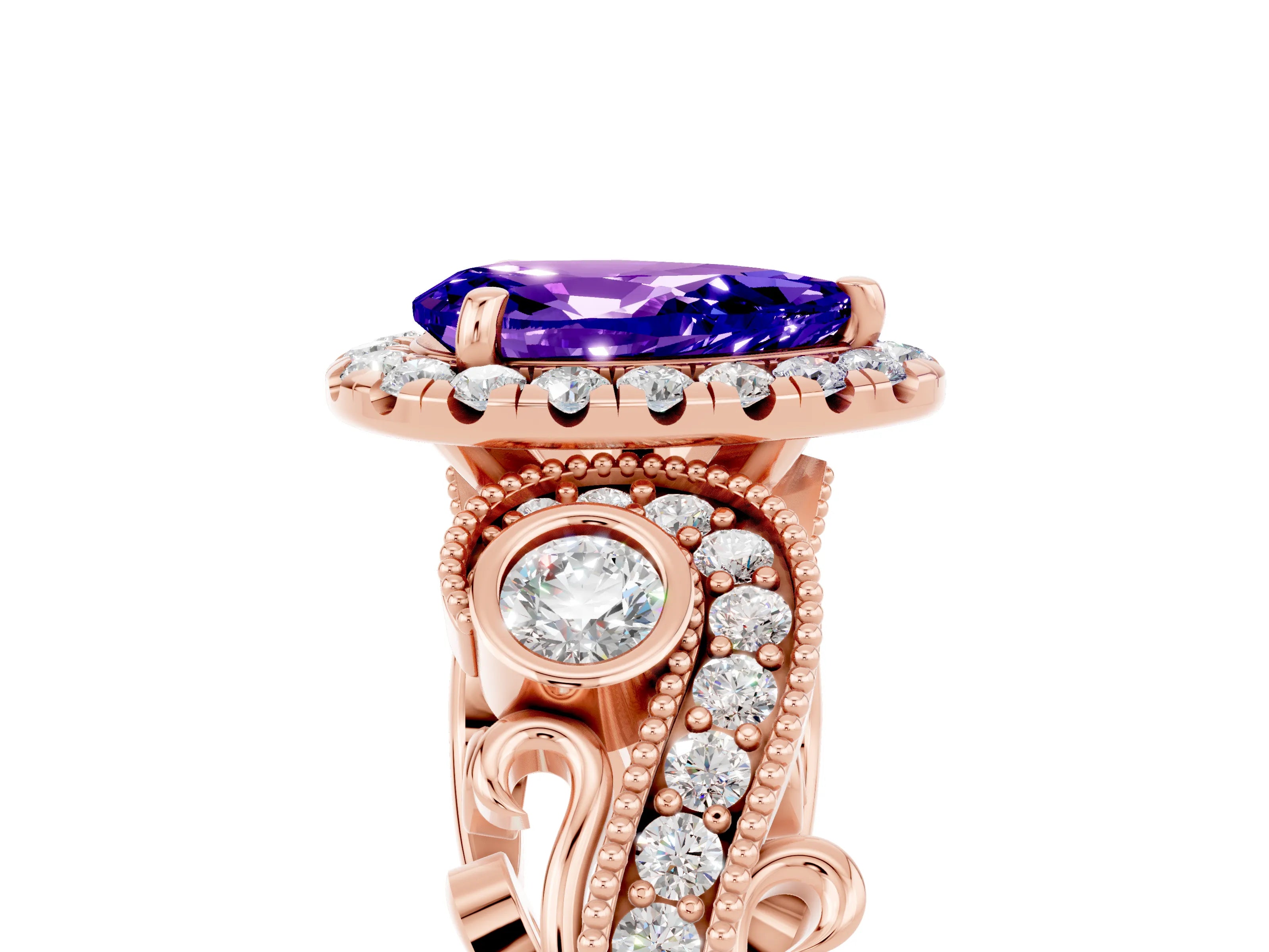 Rose gold Pear Cut Tanzanite Halo Ring with Milgrain Pavé Band and Four-Prong Setting_17