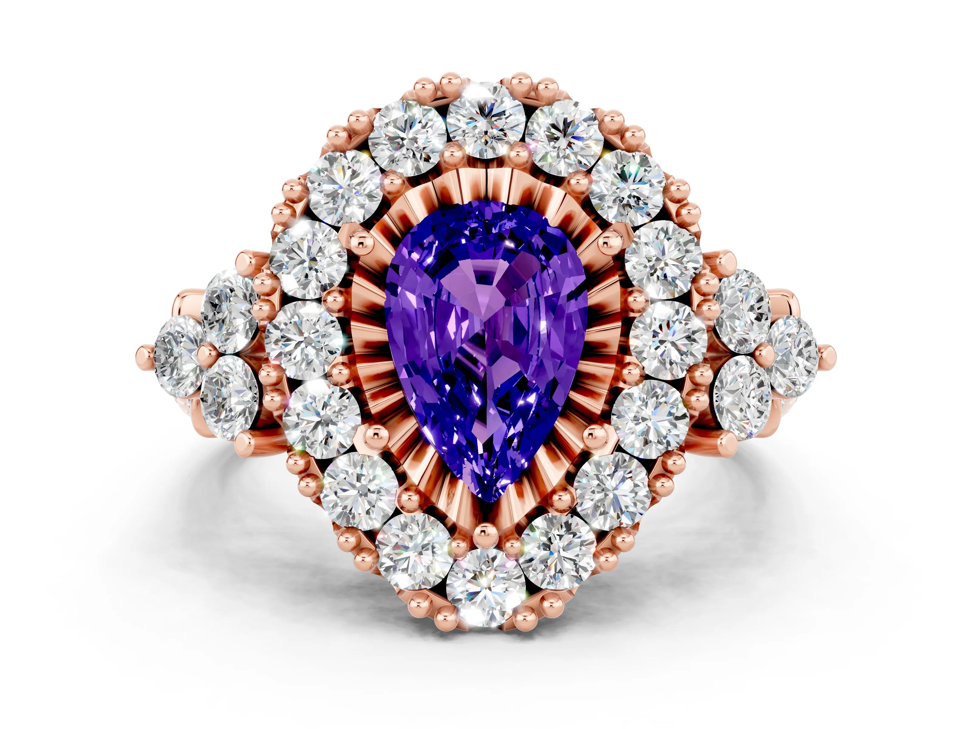 Rose gold Pear Cut Tanzanite Halo Ring with Pavé Band and Four-Prong Setting_12