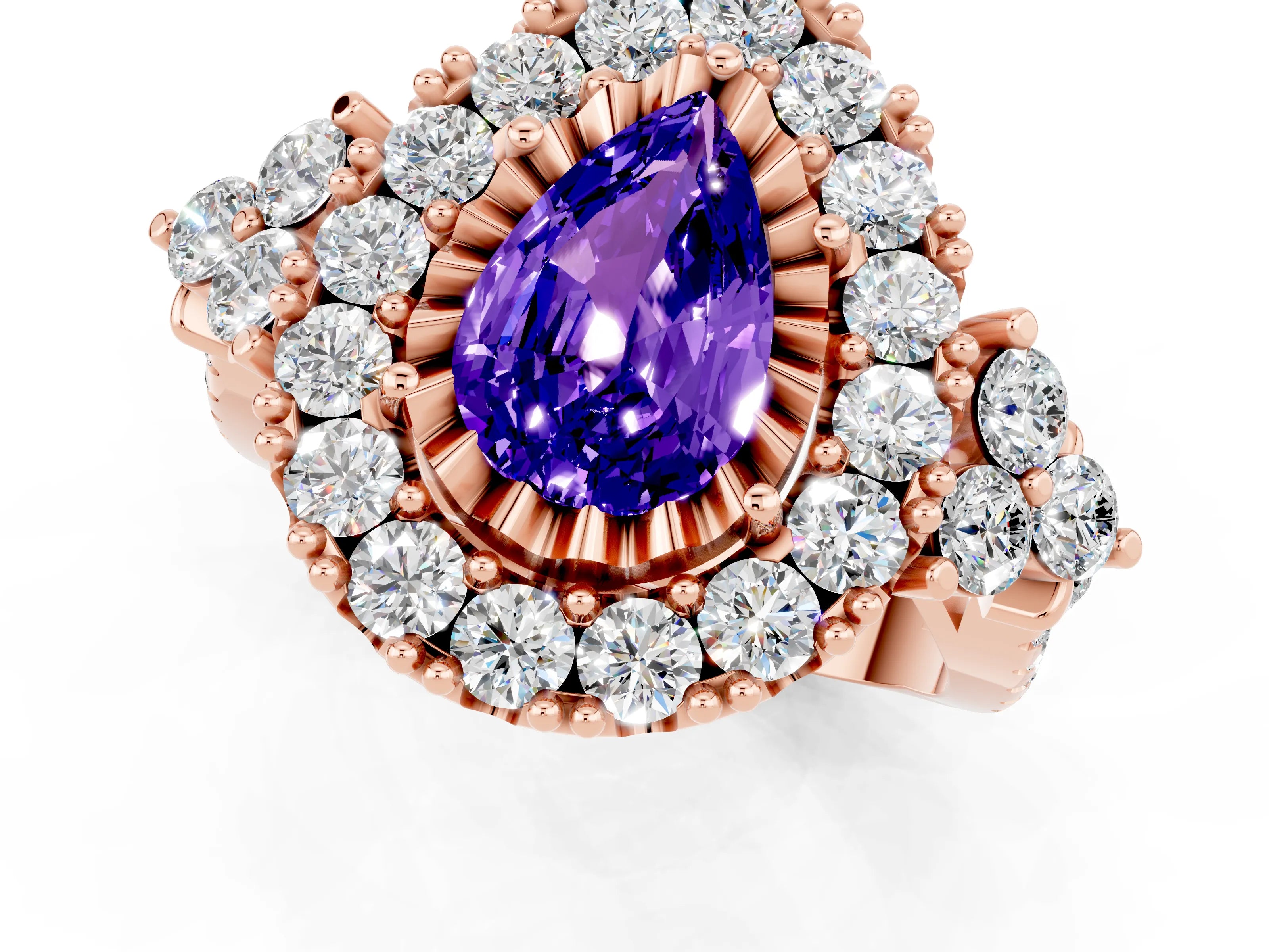 Rose gold Pear Cut Tanzanite Halo Ring with Pavé Band and Four-Prong Setting_13