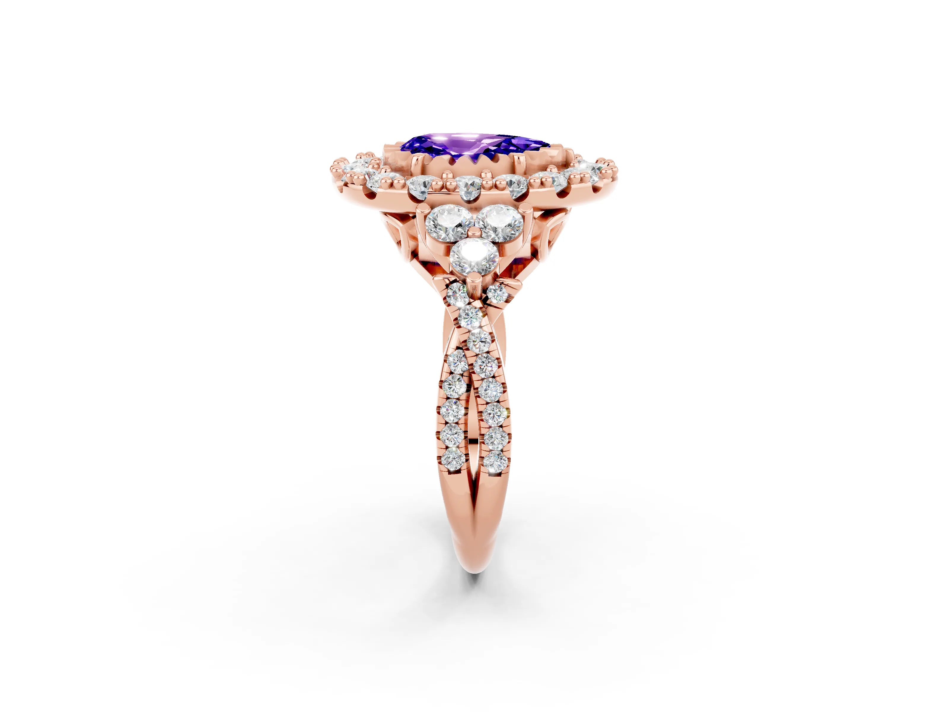 Rose gold Pear Cut Tanzanite Halo Ring with Pavé Band and Four-Prong Setting_14