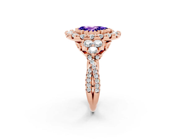 Rose gold Pear Cut Tanzanite Halo Ring with Pavé Band and Four-Prong Setting
