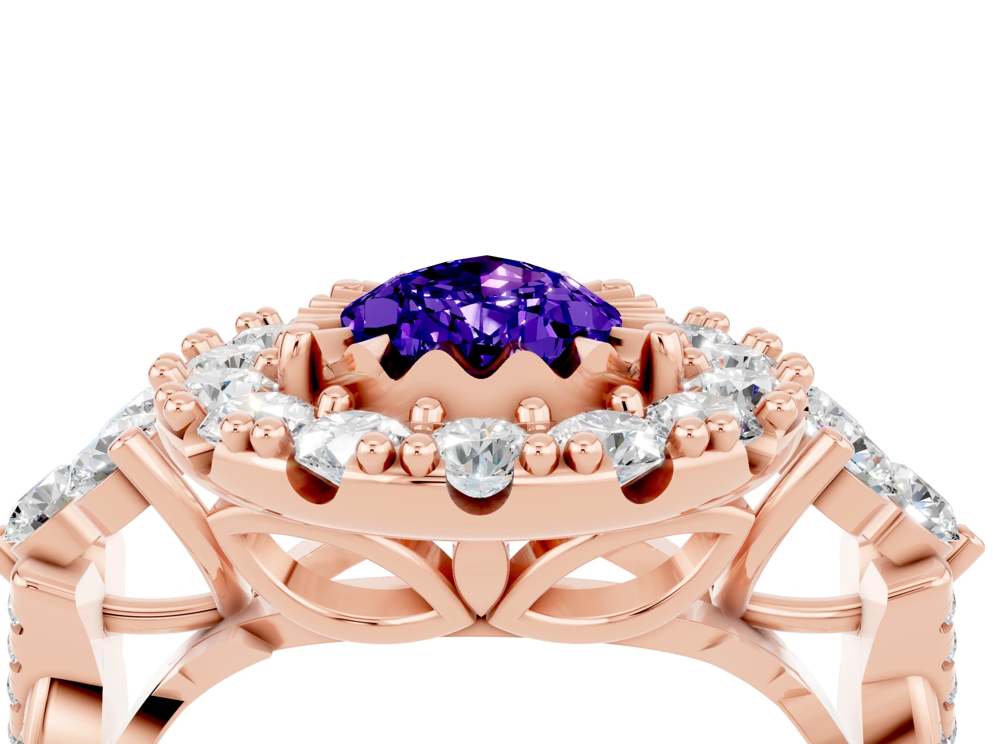 Rose gold Pear Cut Tanzanite Halo Ring with Pavé Band and Four-Prong Setting_16