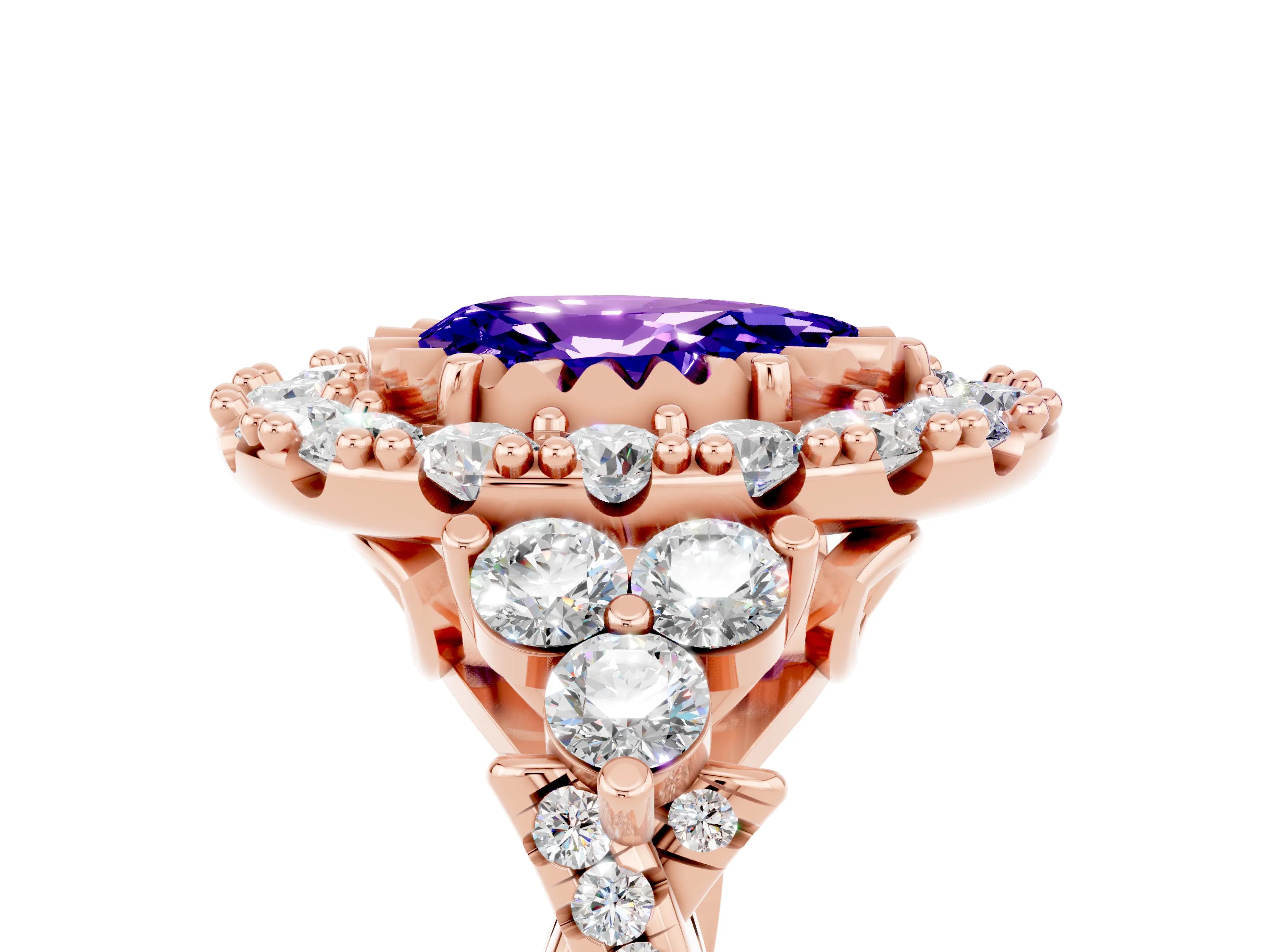 Rose gold Pear Cut Tanzanite Halo Ring with Pavé Band and Four-Prong Setting_17