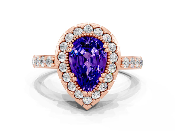 Rose gold Pear Cut Tanzanite Halo Ring with Pavé Band and Prong Setting