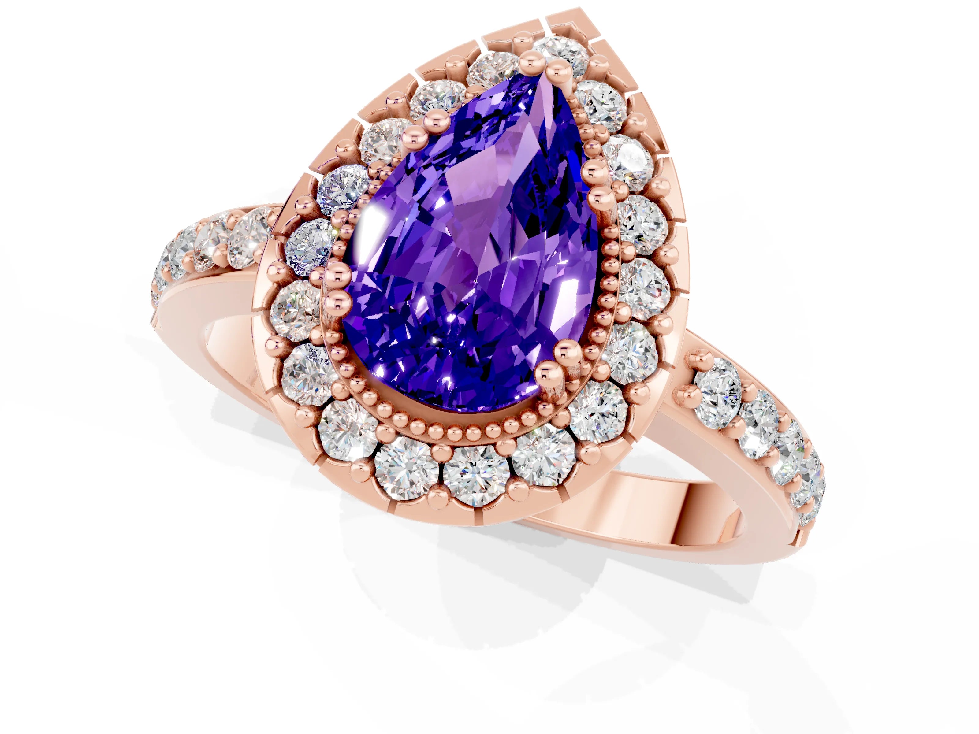 Rose gold Pear Cut Tanzanite Halo Ring with Pavé Band and Prong Setting_1