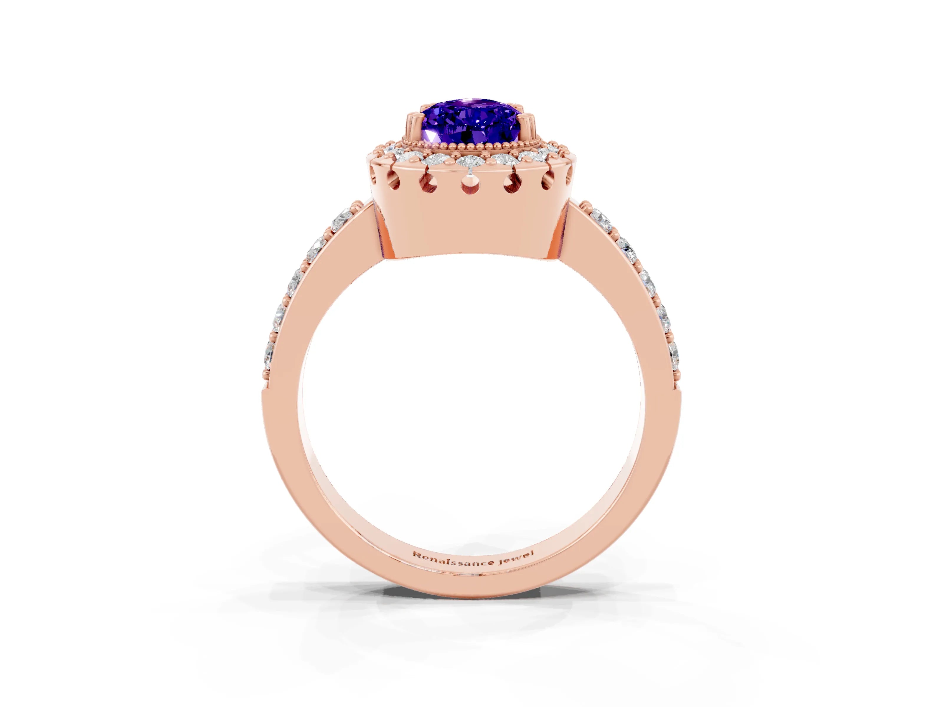 Rose gold Pear Cut Tanzanite Halo Ring with Pavé Band and Prong Setting_3