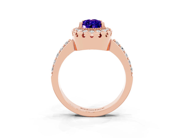 Rose gold Pear Cut Tanzanite Halo Ring with Pavé Band and Prong Setting