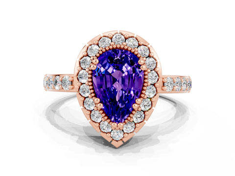 Rose gold Pear Cut Tanzanite Halo Ring with Pavé Band and Prong Setting