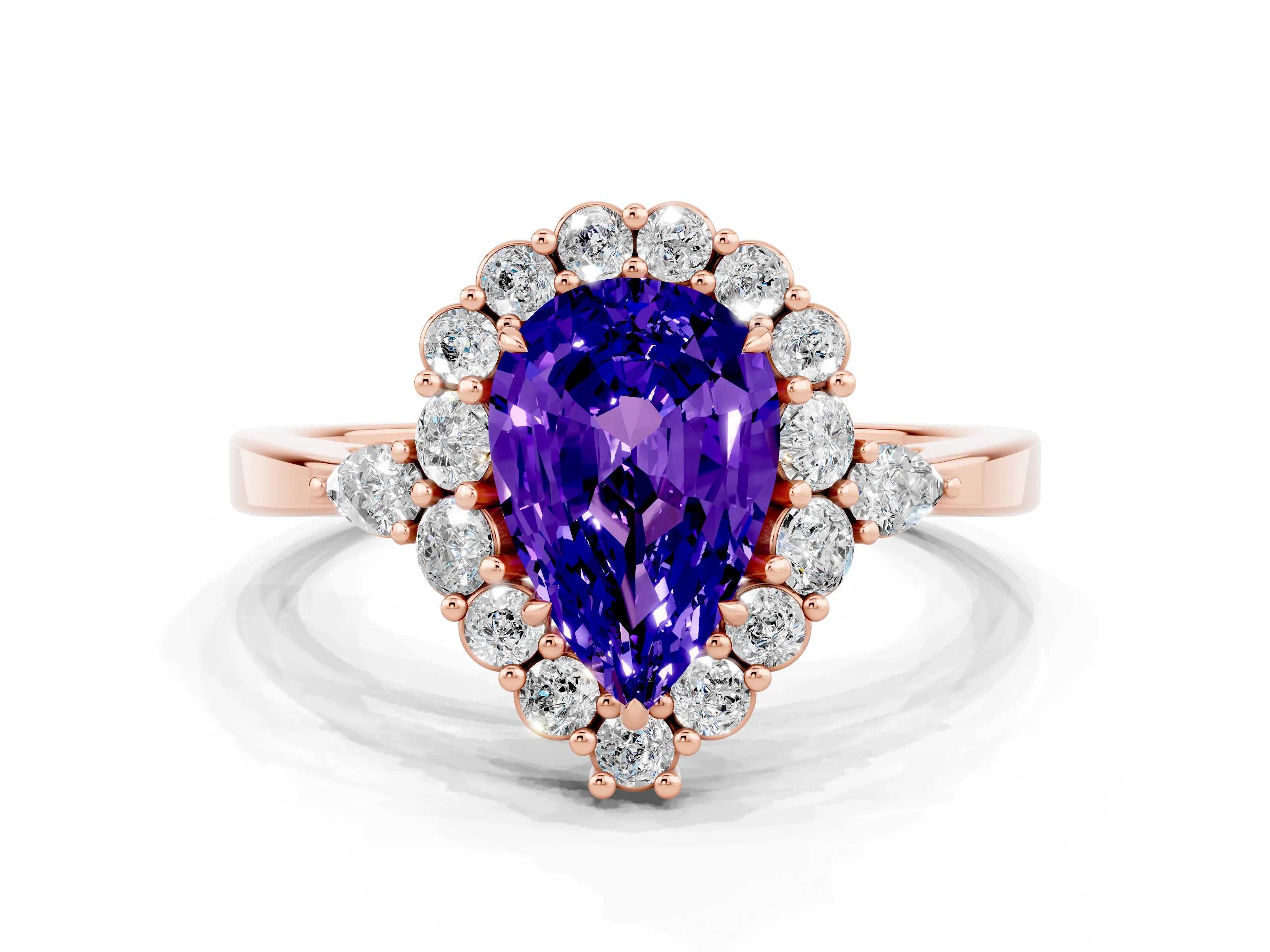 Rose gold Pear Cut Tanzanite Halo Ring with Pear Side Stones and Prong Setting_12