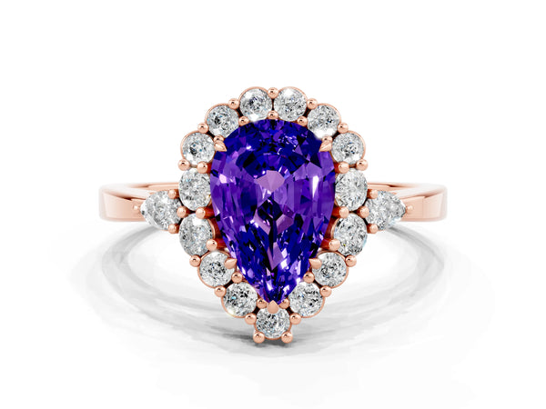 Rose gold Pear Cut Tanzanite Halo Ring with Pear Side Stones and Prong Setting