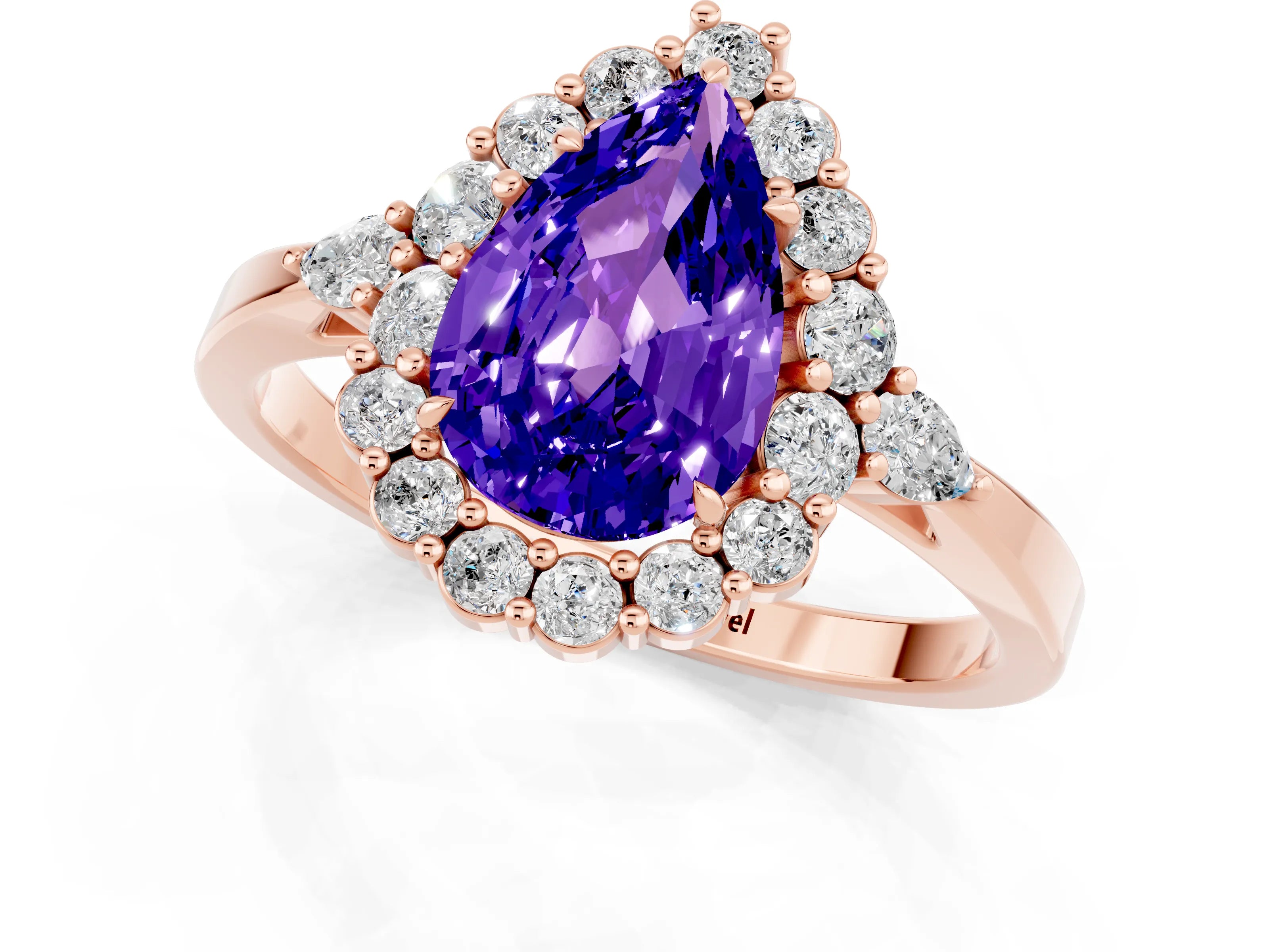 Rose gold Pear Cut Tanzanite Halo Ring with Pear Side Stones and Prong Setting_13