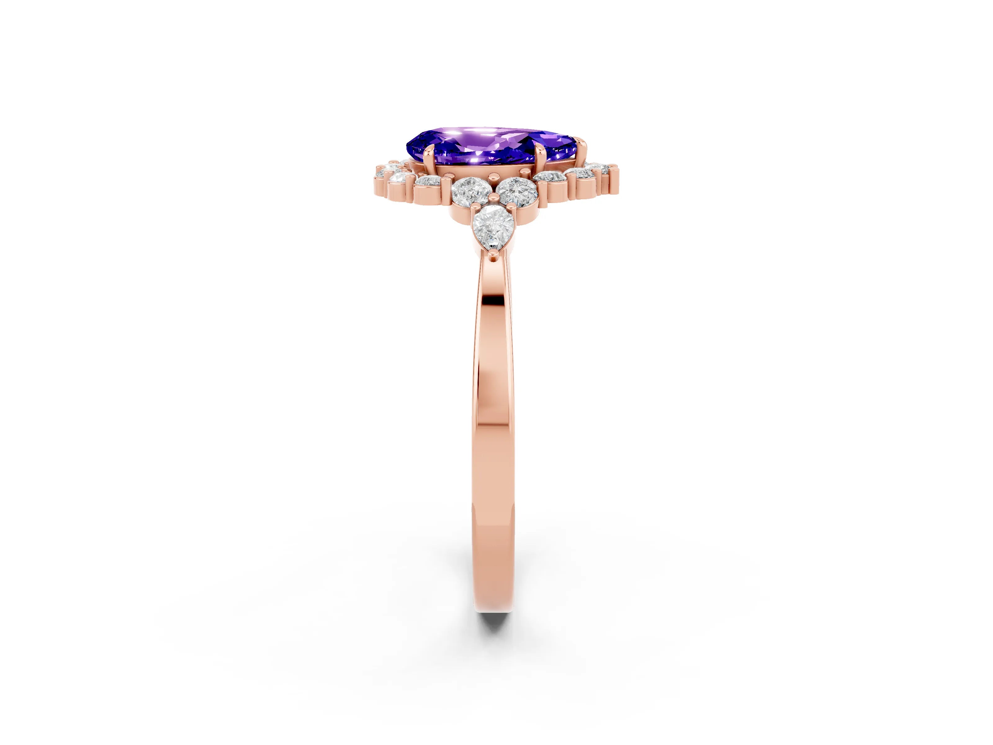 Rose gold Pear Cut Tanzanite Halo Ring with Pear Side Stones and Prong Setting_14