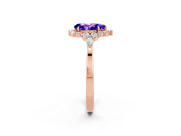 Rose gold Pear Cut Tanzanite Halo Ring with Pear Side Stones and Prong Setting