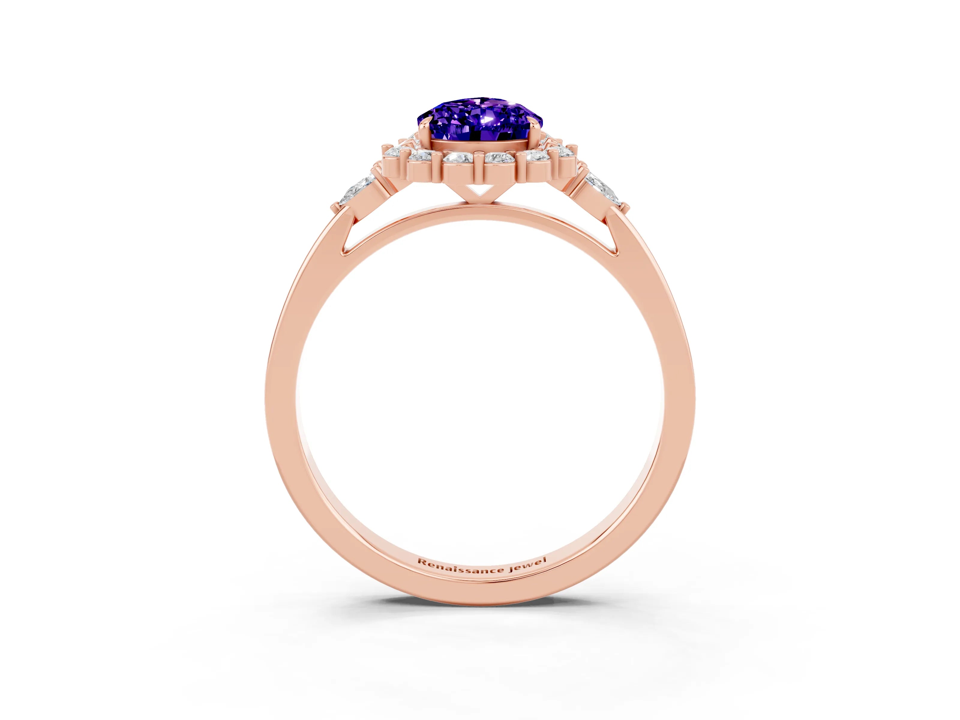 Rose gold Pear Cut Tanzanite Halo Ring with Pear Side Stones and Prong Setting_15