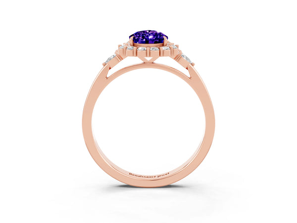 Rose gold Pear Cut Tanzanite Halo Ring with Pear Side Stones and Prong Setting