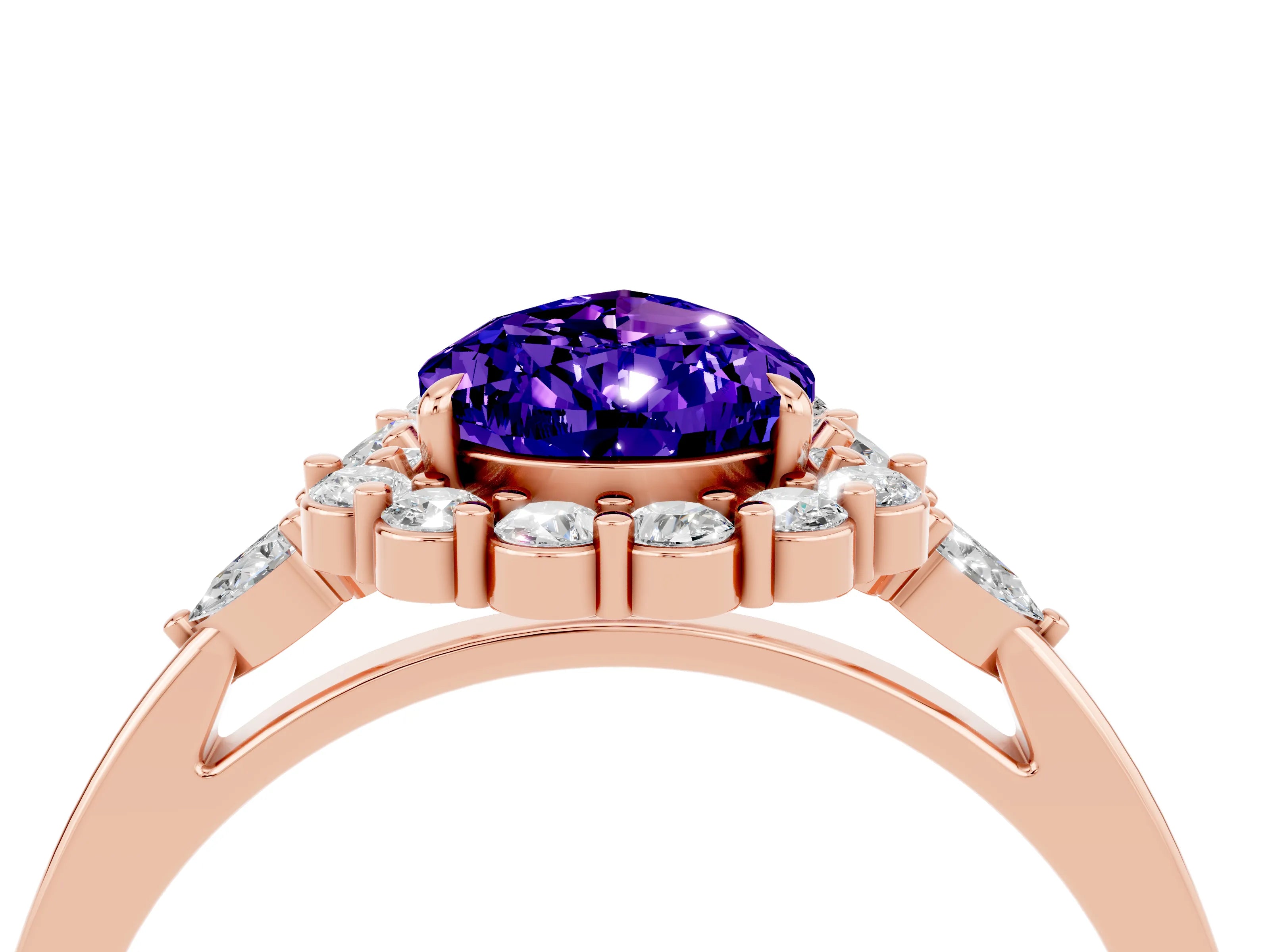 Rose gold Pear Cut Tanzanite Halo Ring with Pear Side Stones and Prong Setting_16