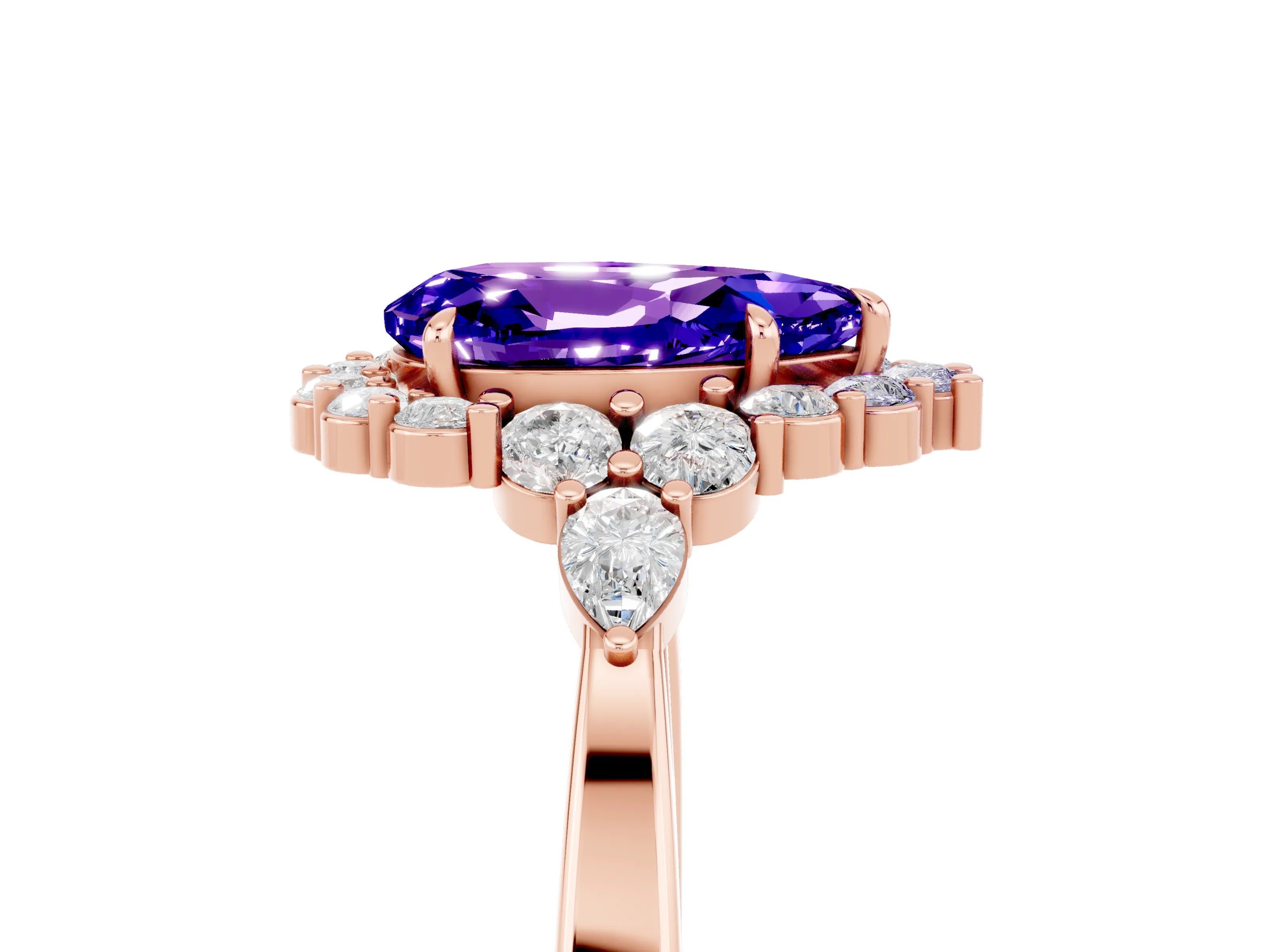 Rose gold Pear Cut Tanzanite Halo Ring with Pear Side Stones and Prong Setting_17
