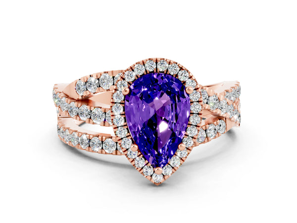 Rose gold Pear Cut Tanzanite Halo Ring with Round Split Shank and Prong Setting