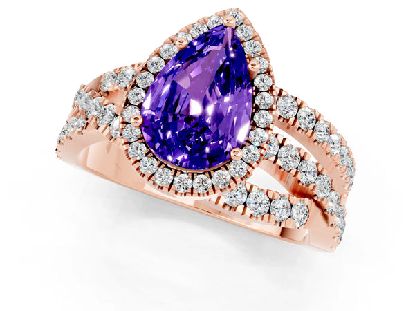 Rose gold Pear Cut Tanzanite Halo Ring with Round Split Shank and Prong Setting