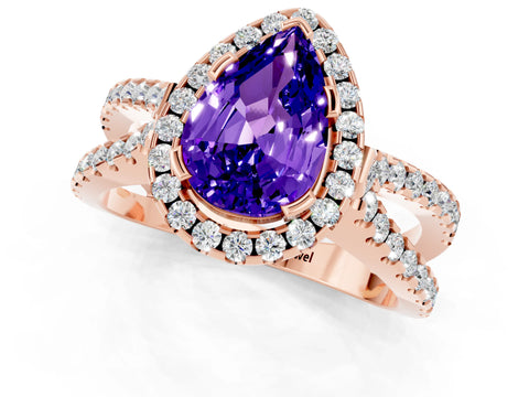 Rose gold Pear Cut Tanzanite Halo Ring with Split Shank Pavé Band and Prong Setting_1