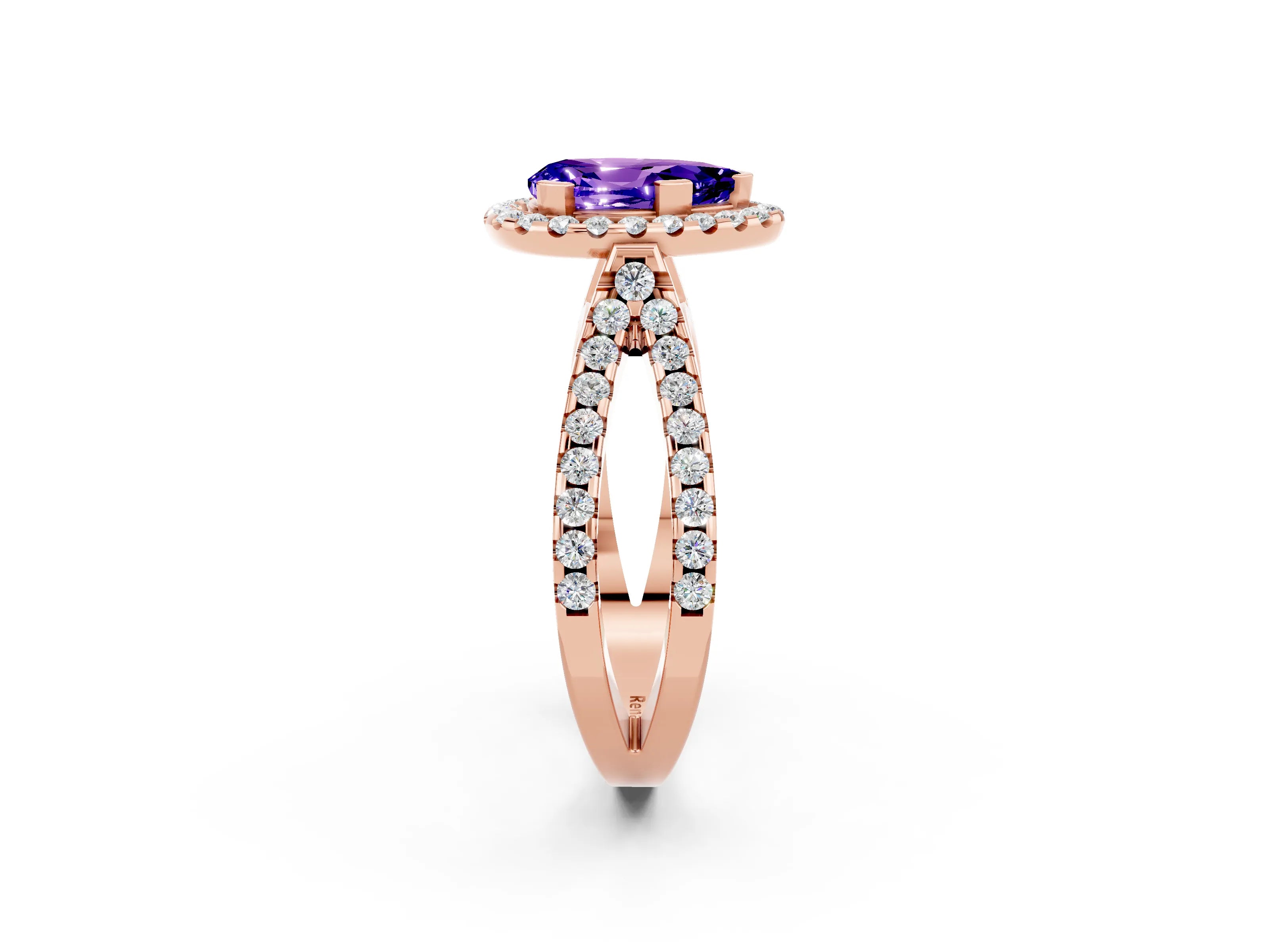 Rose gold Pear Cut Tanzanite Halo Ring with Split Shank Pavé Band and Prong Setting_2