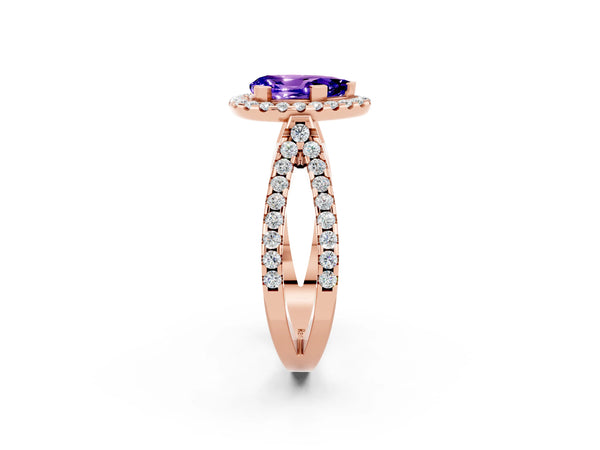 Rose gold Pear Cut Tanzanite Halo Ring with Split Shank Pavé Band and Prong Setting