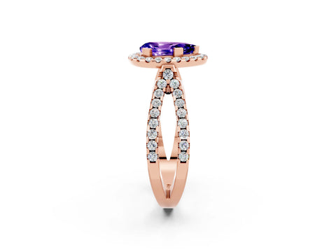 Rose gold Pear Cut Tanzanite Halo Ring with Split Shank Pavé Band and Prong Setting_2