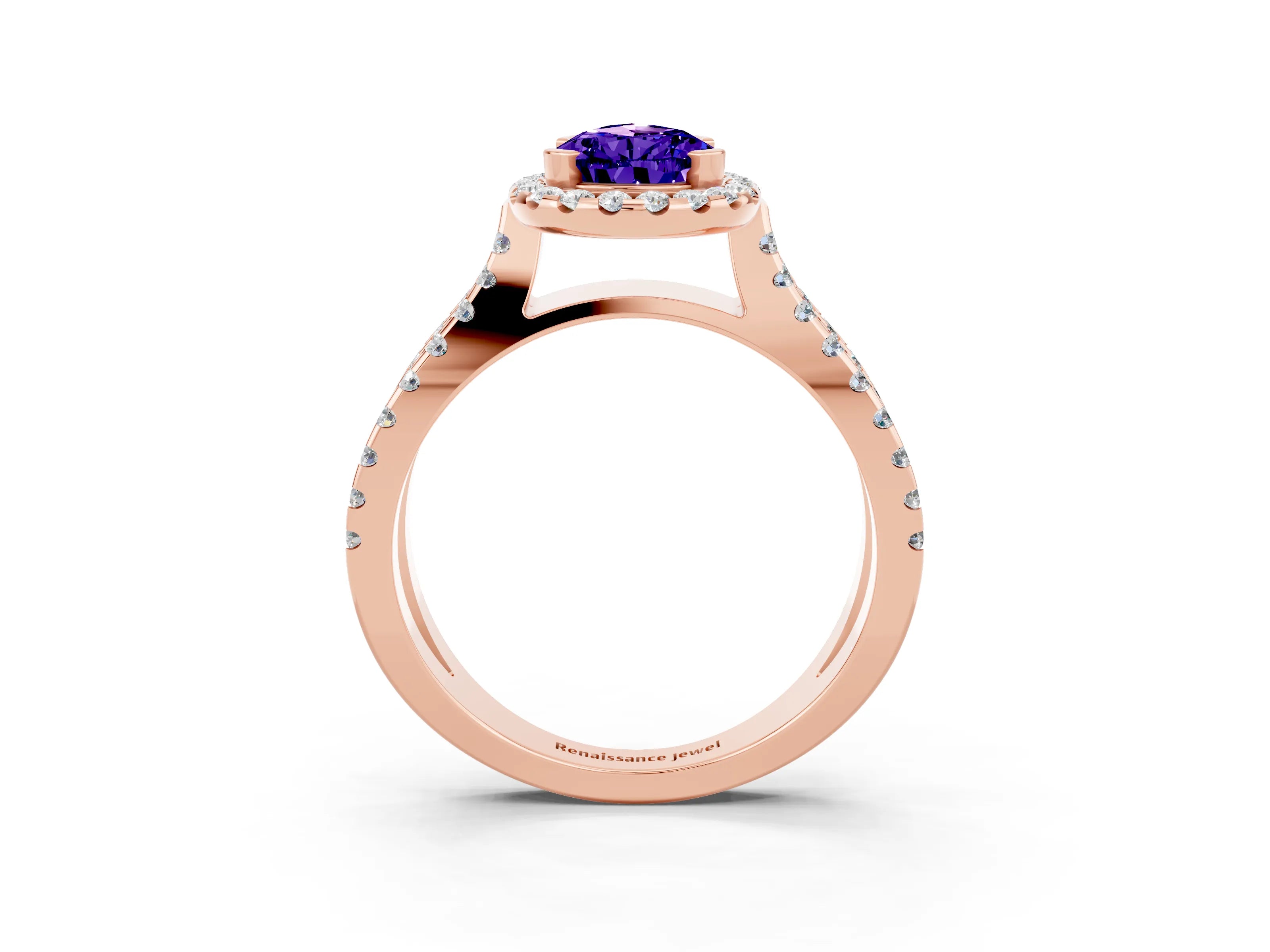 Rose gold Pear Cut Tanzanite Halo Ring with Split Shank Pavé Band and Prong Setting_3