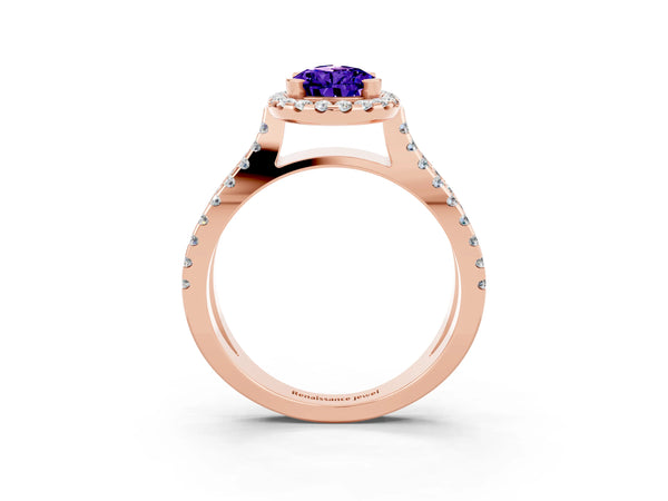 Rose gold Pear Cut Tanzanite Halo Ring with Split Shank Pavé Band and Prong Setting